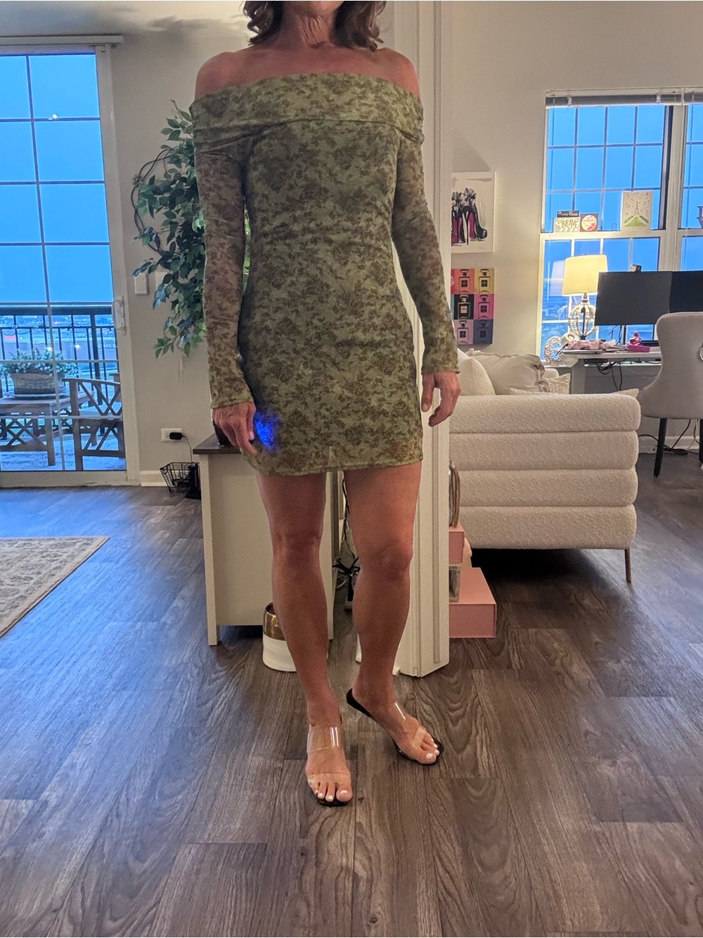Urban Outfitters Olive Green Off-Shoulder Mini Dress